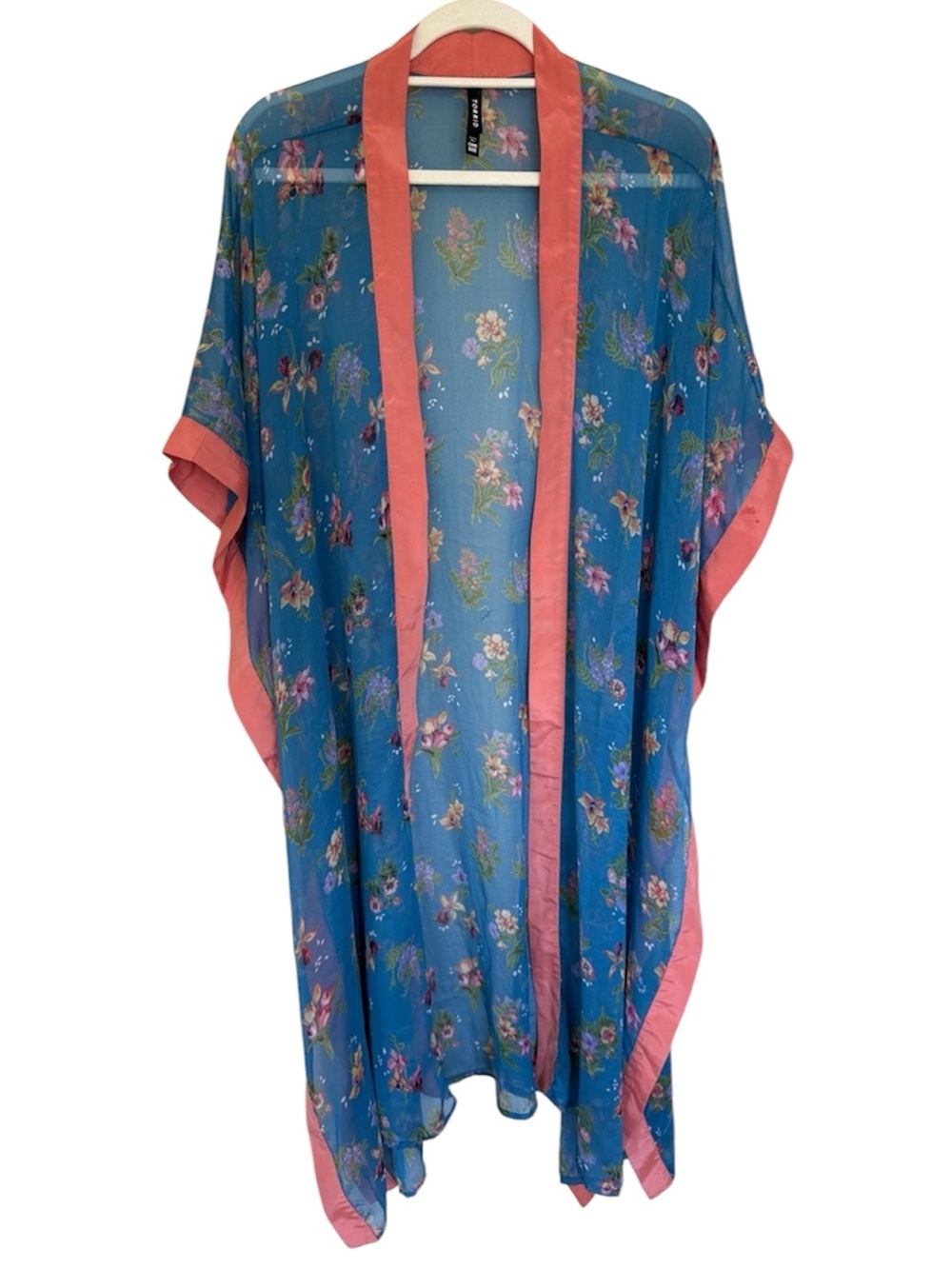 Torrid Blue Floral Sheer Kimono with Coral Trim One Size